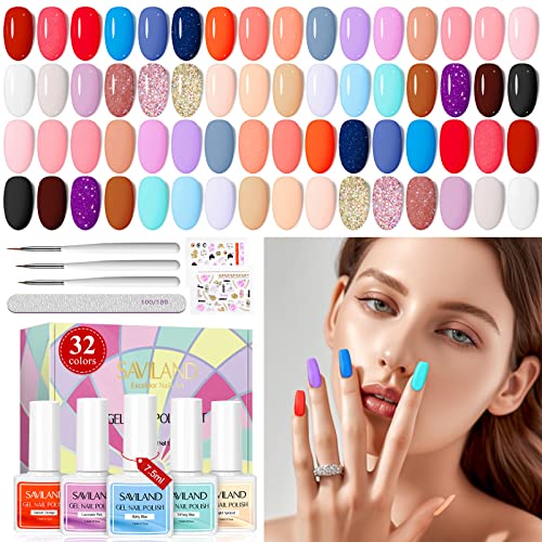 Saviland Gel Nail Polish Kitโ32 Colours Gel Polish Set with Base & Glossy/Matte Top Coat Liner Nail Art Brush Nail Stickers Soak-off U V Gel Poli