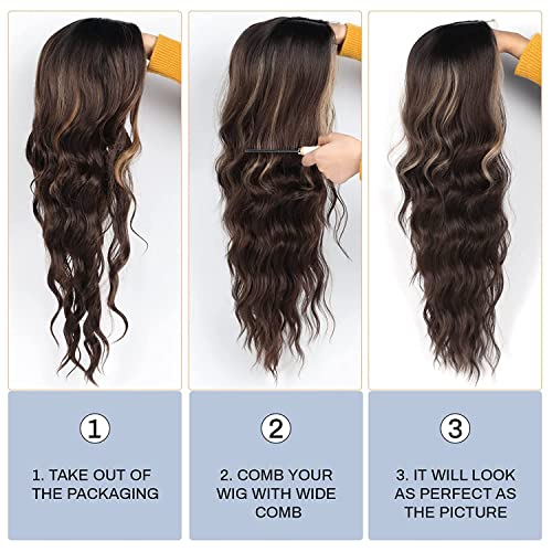 Long Brown Wavy Wig 24 Inch Highlight Wigs for Women Middle Part Curly Synthetic Hair Natural Looking Heat Resistant Fiber for Daily Party Use (B