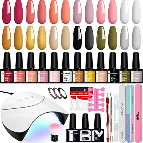 Gel Nail Polish Starter Kit, Phoenixy 12 Colours Soak off Gel Nail Polish Set with Nail Lamp 8ml Gel Nail Kit Shellac Nail Kit Gift Set for Women