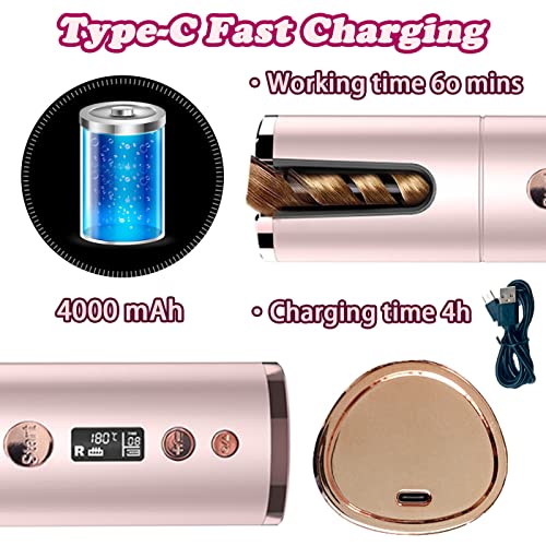 Cordless Auto Hair Curler, Portable Hair Wand Curling USB Rechargeable Anti-Tangle Fast Heat LCD Display with Temps & Timers, Auto Power-off, Ele