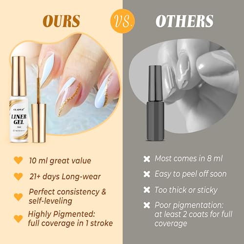 CLAVUZ Liner Nail Gel Polish, 2pcs Gold & Silver Glitter Gel Liner Nail Art Set Soak Off French Manicure Gel for Drawing Lines/Color Painting, UV
