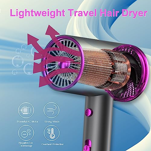 Pretfy Travel Hairdryers, 2000W Lightweight Hair Dryer for Women, Professional Ionic Blow Dryer with 2 Speeds, 3 Heating and Cool Button, Portabl
