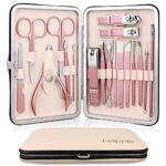 Manicure Set Professional Pedicure Nail Clippers Kit - 18 pcs Nail Care Tools - Grooming Kit with Luxurious Upgraded Travel Case (Beige/Pink)