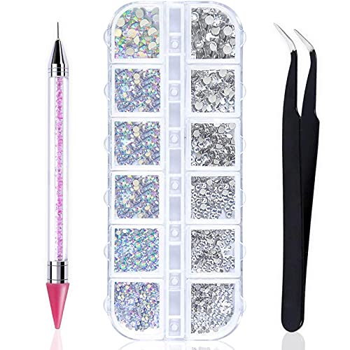 Flat Back AB Crystal Nail Art Rhinestones and Clear Crystal Rhinestones with Pick Up Tweezer and Rhinestone Picker Dotting Pen, Professional Nail