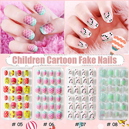 Kalolary 288PCS Kids False Nail, Press on Pre-glue Full Cover Candy Pattern Short False Nail Kits with 48PCS Nail Adhesive Tabs, Children's Day L