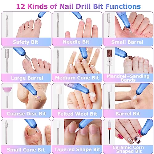 EVILTO Electric Nail Files Cordless, Professional Nail Drill LCD Display With 12 Bits 35 Speed 35000RPM Rechargeable Manicure Pedicure EFile For