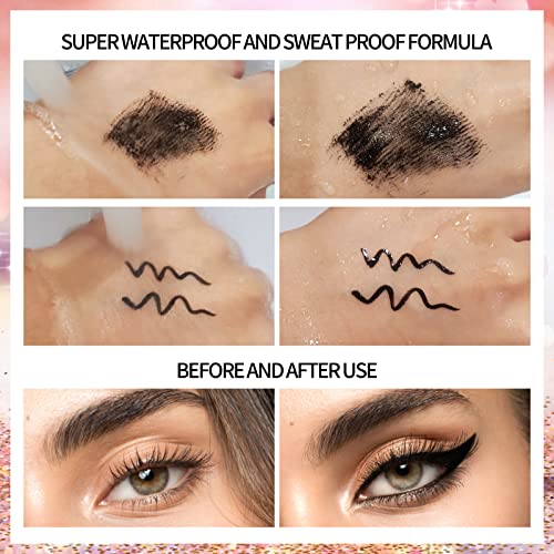 QIC Mascara, Black Mascara With Eyeliner Set, 4D Silk Fiber Eyelash Mascara with Liquid Eyeliner Kit, Waterproof, Sweat-Proof, SmudgeProof, Long