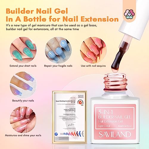 Saviland 5 in 1 Builder Nail Gel Set - 6 Colors Clear Pink Jelly Translucent Builder Gels for Nails Builder Gels in a Bottle Nail Strengthener Ge