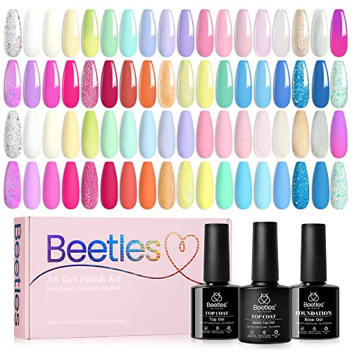 Beetles Gel Nail Polish Kit 20 Colors with 3Pcs Base Gel Glossy & Matte Top Coat Romance Rebellion, 2023 Summer Trendy Pink Red Blue Purple Glitt