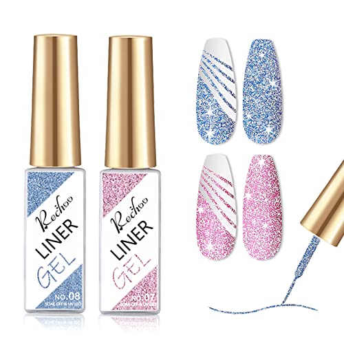 Rechoo Liner Nail Gel Polish-10ML*2 Gold & Silver Glitter Gel Nail Polish for Fineliner Nail Art, French Manicure Nail Polish, UV Shellac Color G