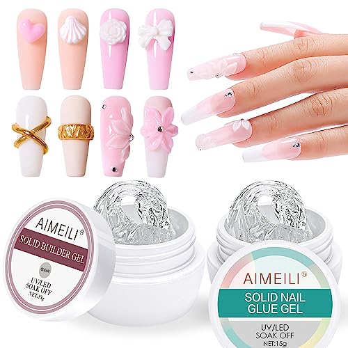AIMEILI Solid Builder Gel for Nails, Clear Nude Hard Gel Nail Extension Gel Solid Sculpture Gel UV LED for Nails, Nail Carving Gel, Rhinestones G