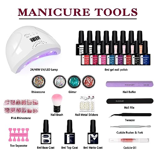 Gel Nail Polish Set, Phoenixy 32 Effect Gel Nail Kit with 48W U V Lamp Starter Kit Complete 8ml 16 Colours Varnish Gel Full Set Professional Salo