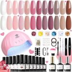 Modelones Gel Nail Kit with 48W Lamp - 12 Colors Pink Gel Nail Polish Set with Lamp Starter Kit, UV LED Nail Lamp, Glossy & Matte Top and Base Co