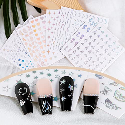 9 Sheets Holographic Nail Art Stickers Self-Adhesive Nail Decals Star Butterfly Flame Moon Flower Nail Sticker Manicure Tips DIY Nail Art Design