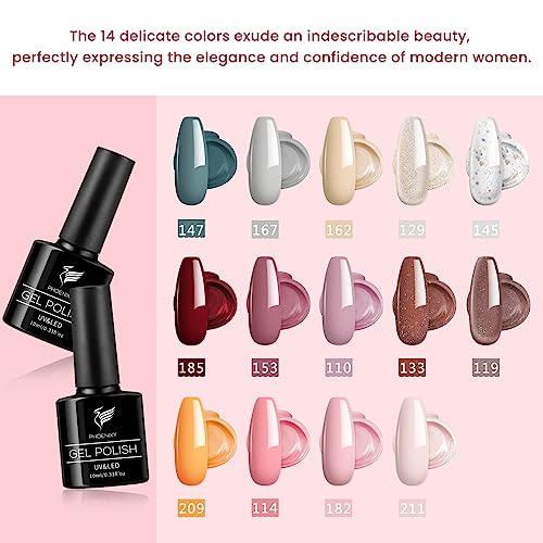 Gel Nail Polish Kit with U V/LED Nail Lamp Phoenixy 14 Colours 10ml Soak Off Gel Nail Polish Set and Glossy Matte Base Top Coat Gift Set for Wome