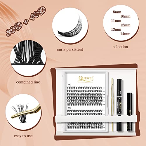Individual Lashes 240 Cluster-Lashes QUEWEL DIY Lash-Extensions Kit, Clusters Eyelash Applicator, Cluster Lashes Bond and Seal Super Hold, Cluste
