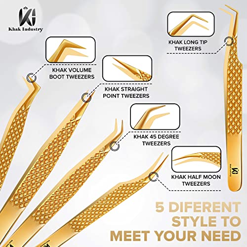 Eyelash Tweezers Professional Japanese Stainless Steel Tweezers uplift Eyelash Tweezing 5-PC Lash Extension Kit for Lifting Lashes Straight and C