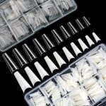 1000pcs French Coffin Ballerina Nail Tips Acrylic Nails Artificial Half False Flake Nail Tips 10 sizes with Clear Plastic Cases for Nail Salon Na