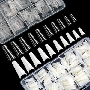 1000pcs French Coffin Ballerina Nail Tips Acrylic Nails Artificial Half False Flake Nail Tips 10 sizes with Clear Plastic Cases for Nail Salon Na