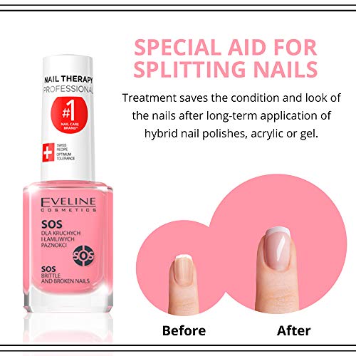 Eveline Cosmetics SOS Broken & Brittle Nail Therapy Professional | 12 ML | Strengthening Hardening Conditioner with Calcium and Collagen | Repair