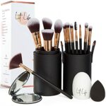 Lit Life Flawless 16-Piece Vegan Makeup Brush Set: 12 Professional Brushes, Holder/Travel Case, Beauty Blender, Brush Cleaner, Compact Mirror & G