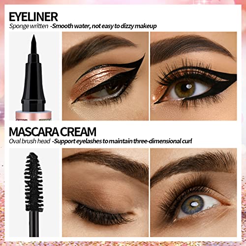 QIC Mascara, Black Mascara With Eyeliner Set, 4D Silk Fiber Eyelash Mascara with Liquid Eyeliner Kit, Waterproof, Sweat-Proof, SmudgeProof, Long