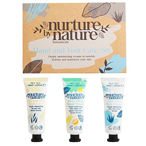 Nurture by Nature Hand Cream and Foot Cream Gift Set, 3 x 30ml, Moisturising Organic Hand Cream, Citrus, Shea Butter, Oat, Milk, Aloe, Gift for W