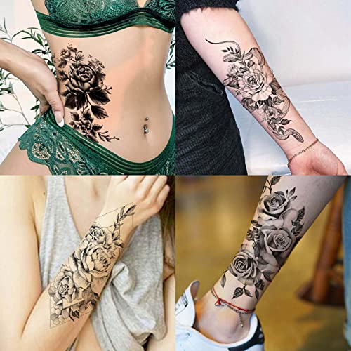 LAROI 65 Sheets Realistic Black Rose Flower Temporary Tattoos For Women, 3D Tribal Snake Floral Peony Fake Tattoo Stickers Adults, Long Lasting T