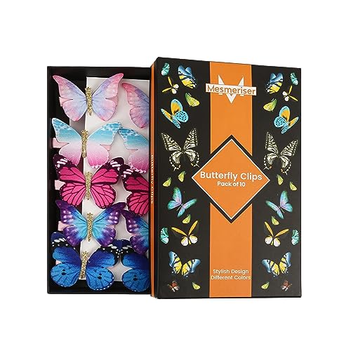 Mesmeriser Realistic Butterfly Clips Pack of 10 – 5 Assorted Matte Coloured Hair Clips for Girls – Cute Duckbill Slides in Box Packaging for Easy