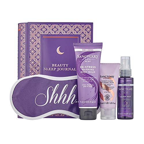 Sanctuary Spa Gift Set, Beauty Sleep Journal Tin With Pillow Spray, Face Mask, Warming Muscle Balm and Sleep Eye Mask, Vegan, Reusable Tin, Welln