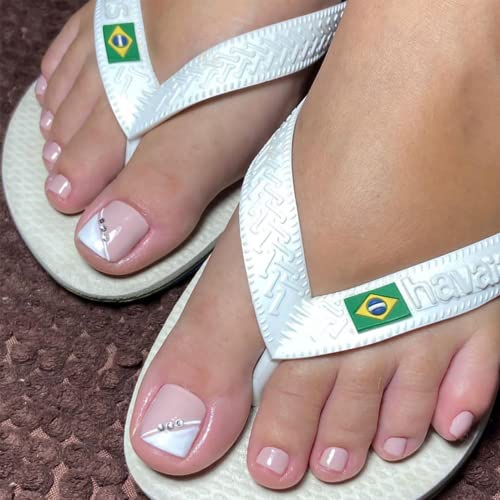 Glitter French False Toenails, Acrylic Press on Toe Nails, White Fake Toe Nails with Glue Sticker Stick on Nails for Toe for Women and Girls Fash