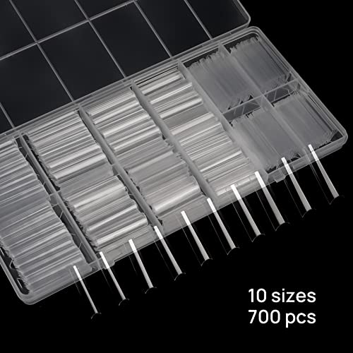 JUSTOTRY 700 Pcs No C Curve Clear Nail Tips No Glue, Extra Long Square Nails Tip Set, XXL Full Cover Fake Nails Tips for Women,Acrylic Straight F