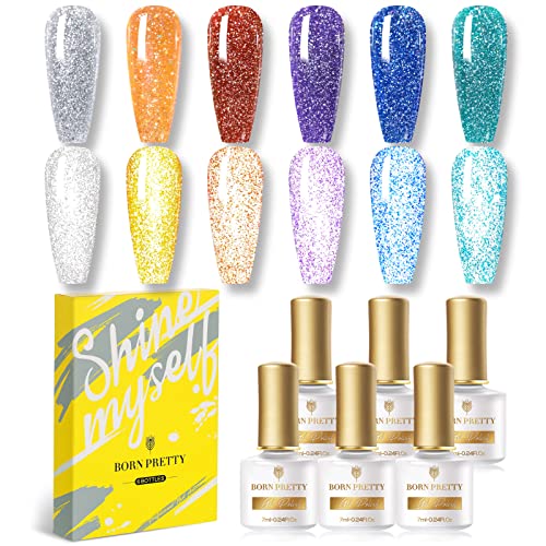 BORN PRETTY Reflective Glitter Gel Polish Holographics Reflective Gel Nail Polish Sparkly Shiny Disco DJ LED Gel Gift Set for Women