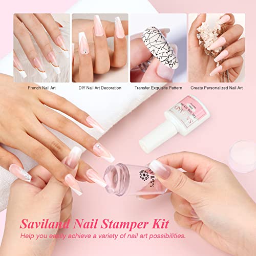 Saviland French Nail Stamp Kit – Clear Nail Stamper with White Gel Nail Polish & Nail Scraper French Nail Tip Tools Silicone Jelly French Tip Sta