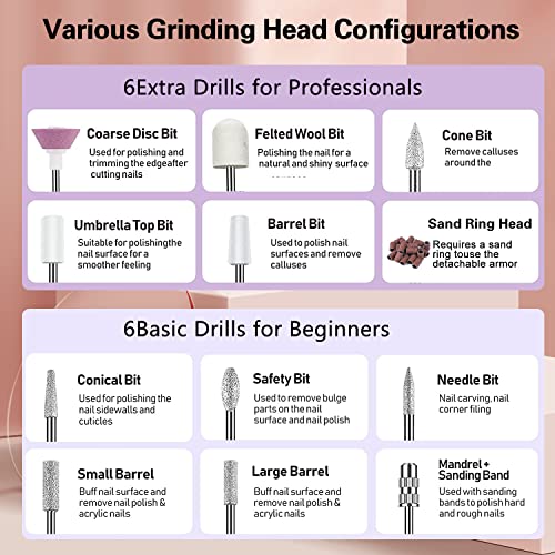 FOLAI Electric Nail Files, Nail Drill Set for Acrylic Gel Nails, Portable Manicure Pedicure Kit with Sanding Bands and Nail Drill Bits(Pink)