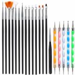 Black Nail Art Brushes Set, Teenitor 15pcs Nail Painting Brushes Pen with 5pcs Dotting Tool, Nail Design Brushes Nail Painting Kit with 2-Way Dot