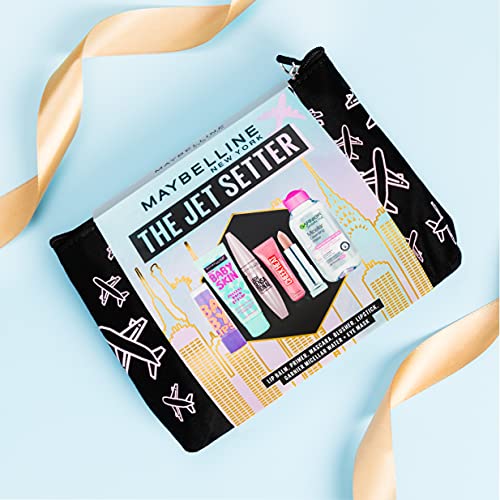 Maybelline 6x piece Makeup Kit 'Jet Setter', Primer, Mascara, Lipstick, Lip Balm, Liquid Blush & Micellar Water Set, Travel Kit, For Cosmetic Lov