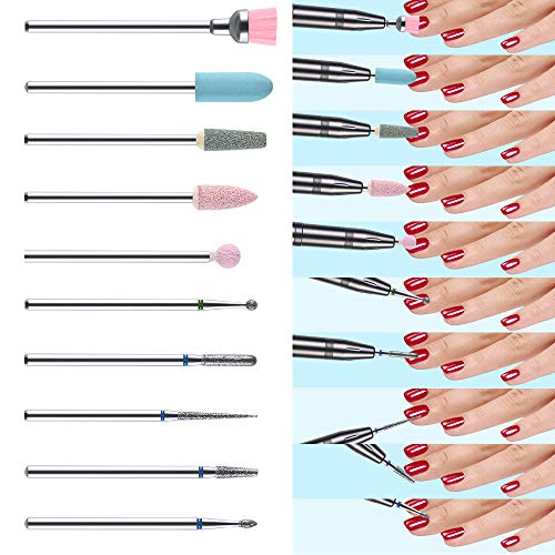 URAQT Nail Drill Bits Set, 10 pcs Electric Nail Drill Bits Kit 3/32", Professional Cuticle Polishing Bits for Acrylic Gel Nails, Electric Nail Fi