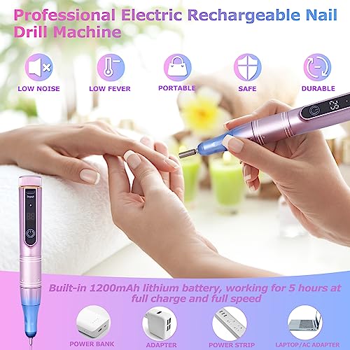 EVILTO Electric Nail Files Cordless, Professional Nail Drill LCD Display With 12 Bits 35 Speed 35000RPM Rechargeable Manicure Pedicure EFile For