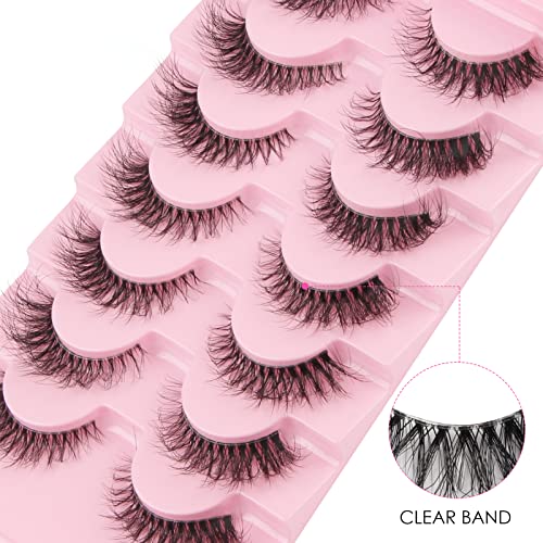 Glowing Win Cat Eye Lashes Natural Look False Eyelashes 7 Pairs Faux Mink Fluffy Lashes with Clear Band Wispy Fake Lashes Reusable Handmade Soft