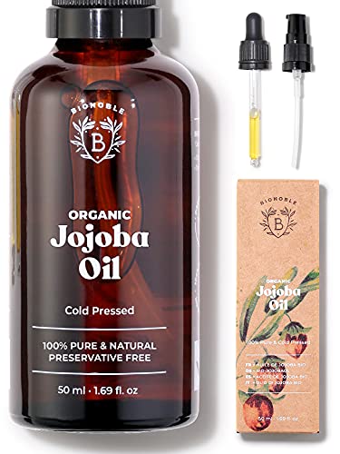 Bionoble Organic Jojoba Oil 50ml - 100% Pure, Natural and Cold Pressed - Face, Body, Hair, Beard, Nails - Vegan and Cruelty Free - Glass Bottle +