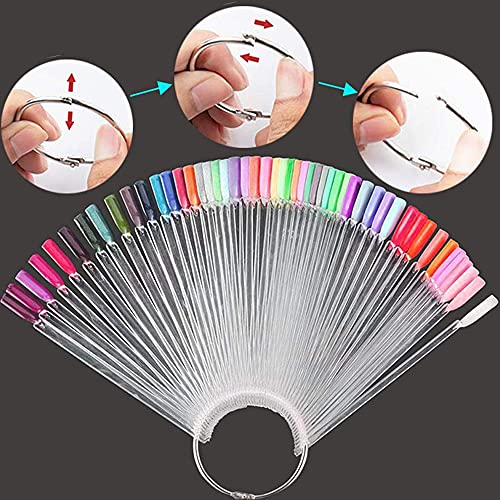 Funwaretech Nail Art Tips Sample Sticks With Metal Split Ring,Colour Nail Polish Practice Display Set,Nail Art Practice Tool Set,Fan-shaped False