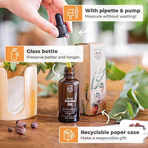 Bionoble Organic Jojoba Oil 50ml - 100% Pure, Natural and Cold Pressed - Face, Body, Hair, Beard, Nails - Vegan and Cruelty Free - Glass Bottle +