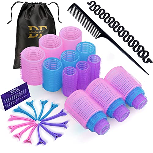 DEALFREE.24 32 PCS Hair Rollers Set - 18 Self Grip Velcro Rollers 25mm, 35mm, 45mm, 12 Curl Clips, 1 Tail Comb and Braiding Hair Device for Struc