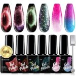 Morovan Gel Nail Polish Kit - 3 Pcs 9D Cat-eye Magnetic Colors Changing Gel Nail Polish and 3 Pcs Holographic Cat-Eyes Temperature Rainbow Mood C