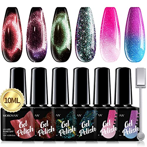 Morovan Gel Nail Polish Kit - 3 Pcs 9D Cat-eye Magnetic Colors Changing Gel Nail Polish and 3 Pcs Holographic Cat-Eyes Temperature Rainbow Mood C