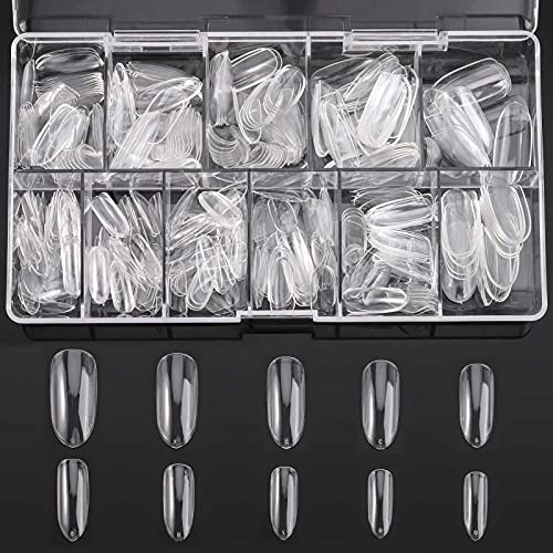 Almond Shaped Nail Tips 500Pcs Clear Acrylic Medium Nails Full Cover with Case for DIY Nail Art, 10 Sizes