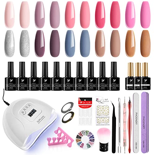 Gel Nail Polish Set, Phoenixy 10 Colors Gel Nail Polish Starter Kit with 80W UV LED Nail Lamp 10ml Nail Polishs Gel Nail Kit Gift Set for Women D