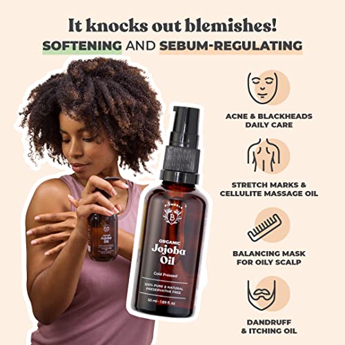 Bionoble Organic Jojoba Oil 50ml - 100% Pure, Natural and Cold Pressed - Face, Body, Hair, Beard, Nails - Vegan and Cruelty Free - Glass Bottle +