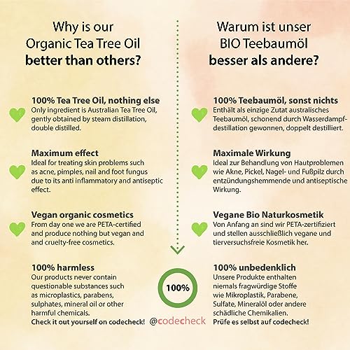 ORGANIC Tea Tree Oil 50ml with pipette, vegan – 100% pure tea tree essential oil from Australia – Treatment for blemished skin, inflammatory skin